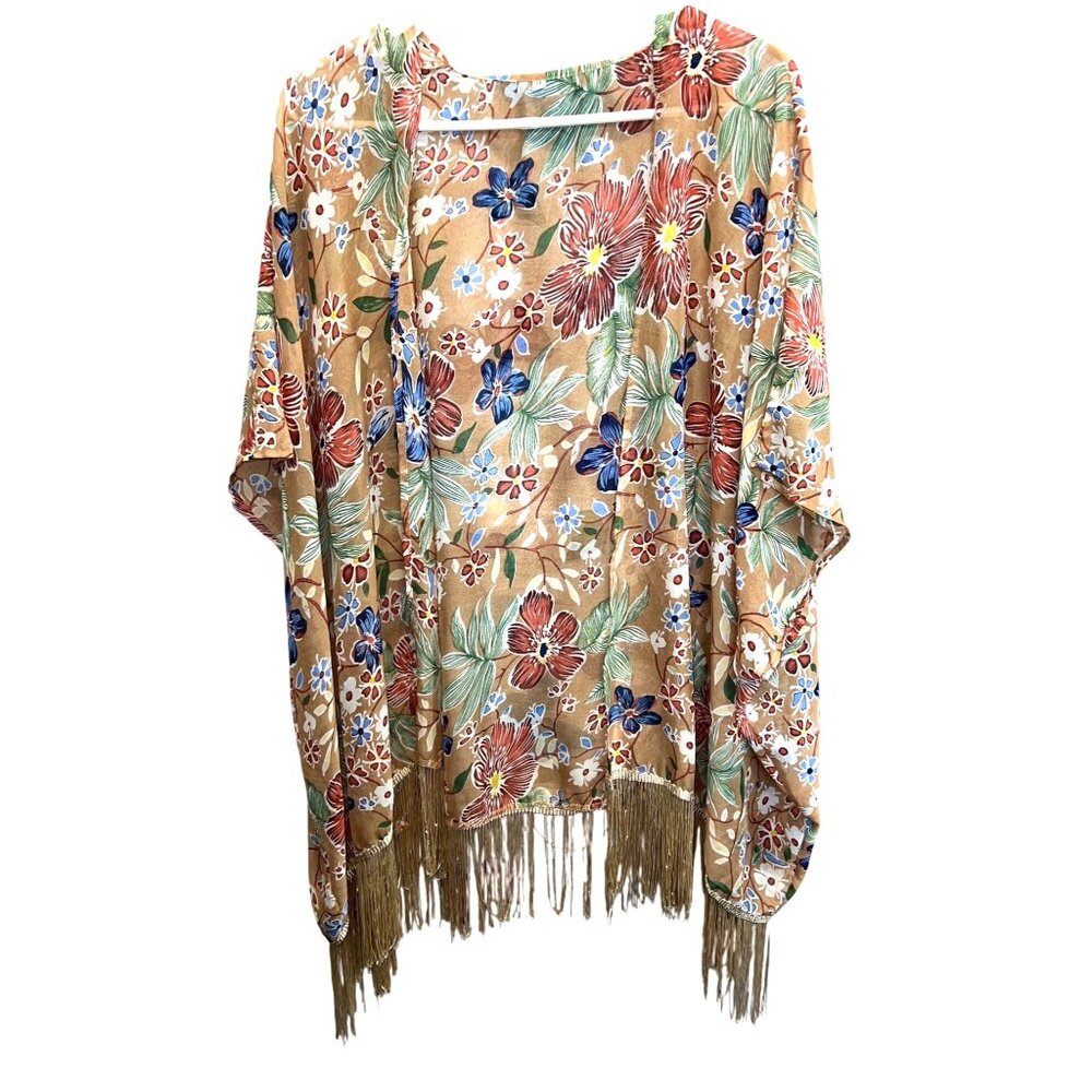 Floral Shawl Cardigan With Fringe Hem Medium 100% Polyester